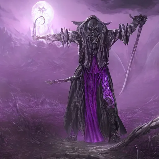 Image similar to a violet evil old wizard, graveyard background, undead arms rising from the ground, epic fantasy style art, fantasy epic digital art