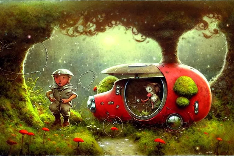 Prompt: adventurer ( ( ( ( ( 1 9 5 0 s retro future robot android mouse wagon in forrest of giant mushrooms, moss and flowers stone bridge. muted colors. ) ) ) ) ) by jean baptiste monge!!!!!!!!!!!!!!!!!!!!!!!!! chrome red