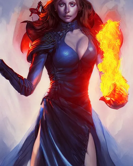 Prompt: digital art by artgerm and peter andrew jones in the style of throne of glass book covers illustrations, buffy as a young adult female magician with fireballs in hand and a blue magic lighting aurea overlay