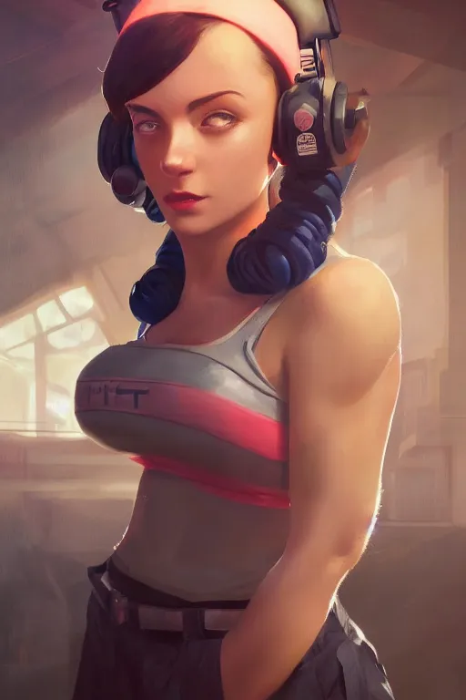 Image similar to a portrait of a cute female gym instructor, dieselpunk setting, vivid colors, soft lighting, atmospheric, cinematic, moody, in the style of artgerm and greg rutkowski, oil on canvas, 8 k