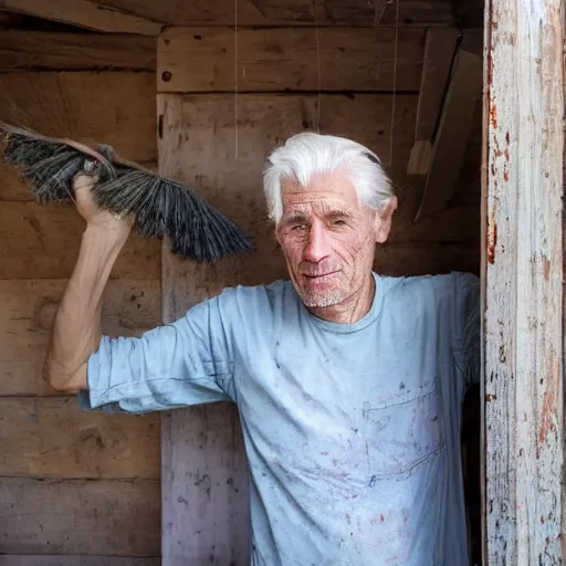 Image similar to a portrait of a humble, sweet provisioner, white hair, wrinkled face, shabby clothes, inside a small wooden building, supplies around. holding a broom