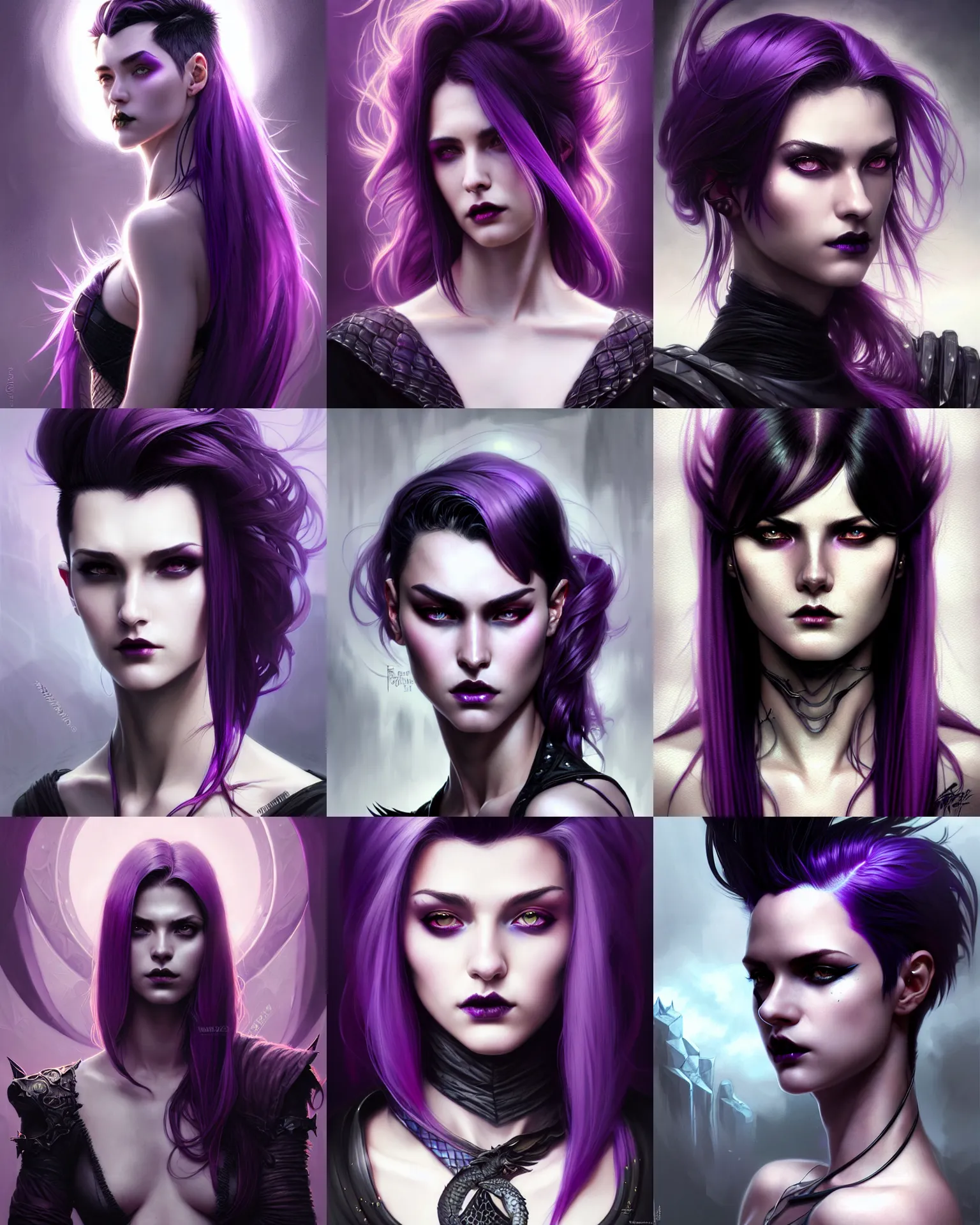 Prompt: portrait rugged sexy girl, dark supervillain witch, dragon scales, fantasy magic, undercut hairstyle, long purple black fade hair, dark light night, intricate, elegant, sharp focus, illustration, highly detailed, digital painting, concept art, matte, art by WLOP and Artgerm and Greg Rutkowski and Alphonse Mucha, masterpiece