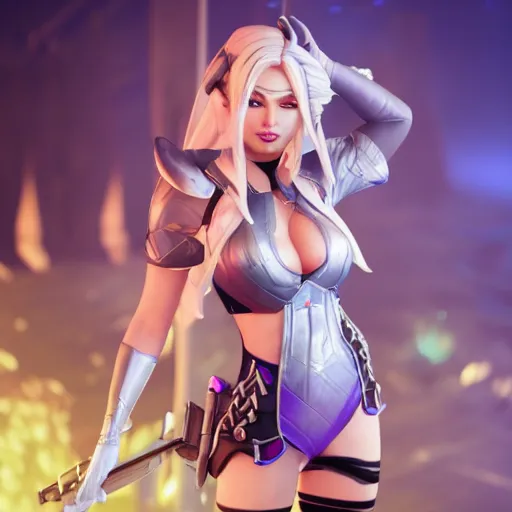 Image similar to still of pretty Ashe (League of Legends) in KDA More music video. 3d render, octane render, game art, realistic, highly detailed, trending on artstation, 4k, trending on artstation, pixar, cgsociety, unreal engine 5, redshift render, trending on artstation, blender, behance, cg