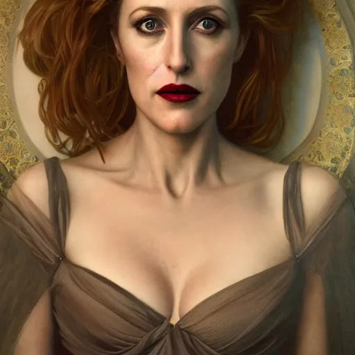 Image similar to portrait of Gillian Anderson as a lady vampire, 35mm, depth of field, DOF, ominous, sharp, highly detailed, photorealistic, realistic, unreal 5, high, definition, 8k, artstation, donato giancola, irwin penn, Alphonse Mucha