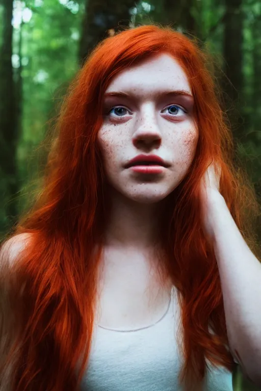 Image similar to close-up portrait of a red-haired girl 20 years old with freckles, green eyes, natural beauty in a magical gloomy forest among fireflies, 35mm photo, high quality, 4K, 8K, realistic, perfect eyes, perfect face, beautiful, detailed, 8k resolution, Kodak 35mm