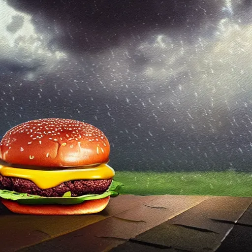 Image similar to a demonic burger, oil painting, thunderstorm, raindrops, cinematic, unreal engine