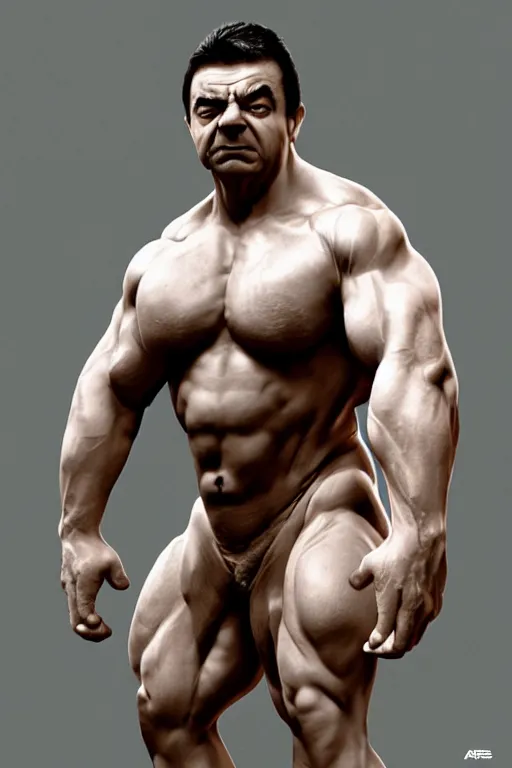 Image similar to upper body portrait of a hulking bulky swole steroids musclebound huge bodybuilder muscular herculean chiseled mr bean rowan atkinson, cinematic lighting, photorealistic, octane render, 8 k, depth of field, 3 d, art by artgerm and greg rutkowski and alphonse mucha and uang guangjian and gil elvgren and sachin ten