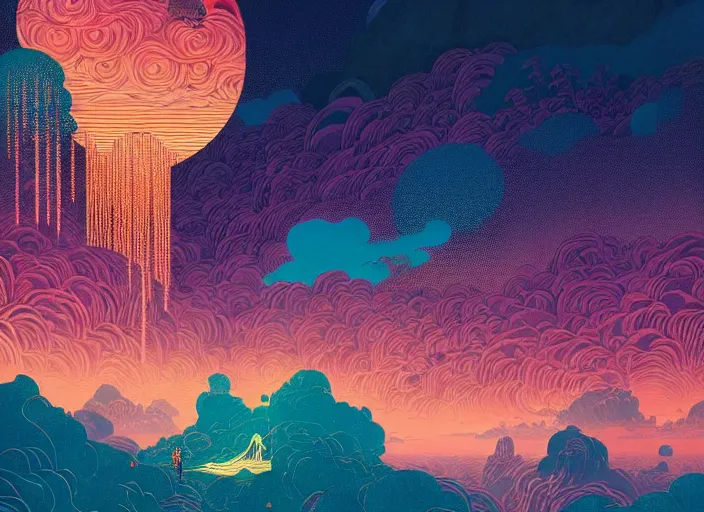 Prompt: stunning landscape by victo ngai, kilian eng vibrant colors, dynamic lighting, digital art, winning award masterpiece, fantastically gaudy, aestheticly inspired by beksinski and dan mumford, upscale with simon stalenhag work, sitting on the cosmic cloudscape, 8 k