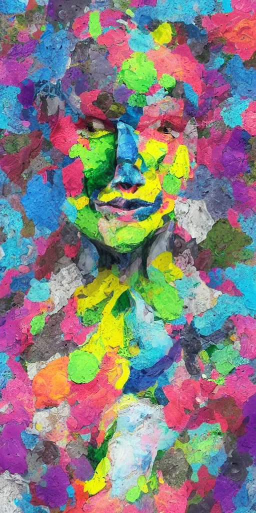 Image similar to full chromatic color, a face coming through a digital screen, Gertrude Abercrombie, minimalistic graffiti masterpiece, minimalism, 3d abstract render overlayed, black background, psychedelic therapy, trending on ArtStation, ink splatters, pen lines, incredible detail, creative, positive energy, happy, unique, negative space, face, artgerm