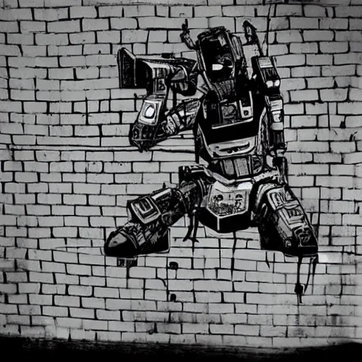 Prompt: chappie, back and white, zef design graffiti in the background, dark lighting, digital art