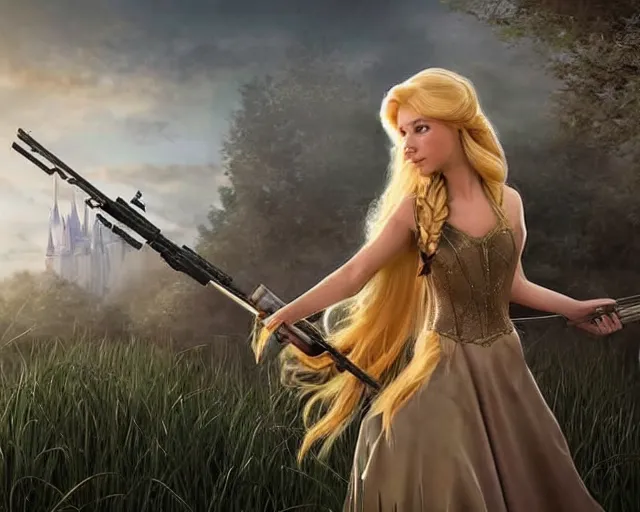 Image similar to disney princess with long blonde hair with m 9 0 sniper rifle on back : : weta disney pixar movie still photo : : hi - fructose, decadent highly - detailed digital painting, golden ratio, octane render, artstation, smooth, sharp focus, artgerm, mucha, loish, wlop