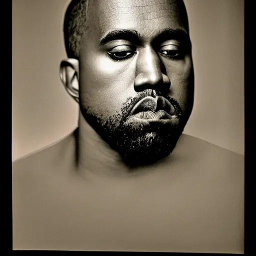 Image similar to a chiaroscuro lighting portrait of kanye west dressed as rick owens, black background, portrait by julia margaret cameron, shallow depth of field, 8 0 mm, f 1. 8