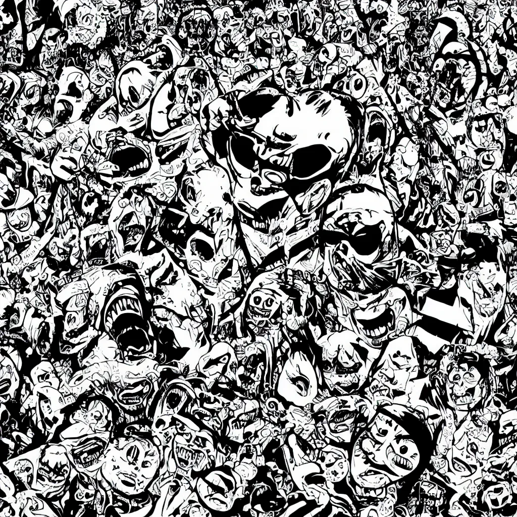 Image similar to screaming faces, kazuo umezu artwork, jet set radio artwork, stripes, tense, space, skimask, balaclava, ominous, minimal, cybernetic, cowl, ink, acrylic, dots, stipples, lines, hashing, thumbprint, dark, eerie, circuit board, crosswalks, guts, folds, tearing, painting