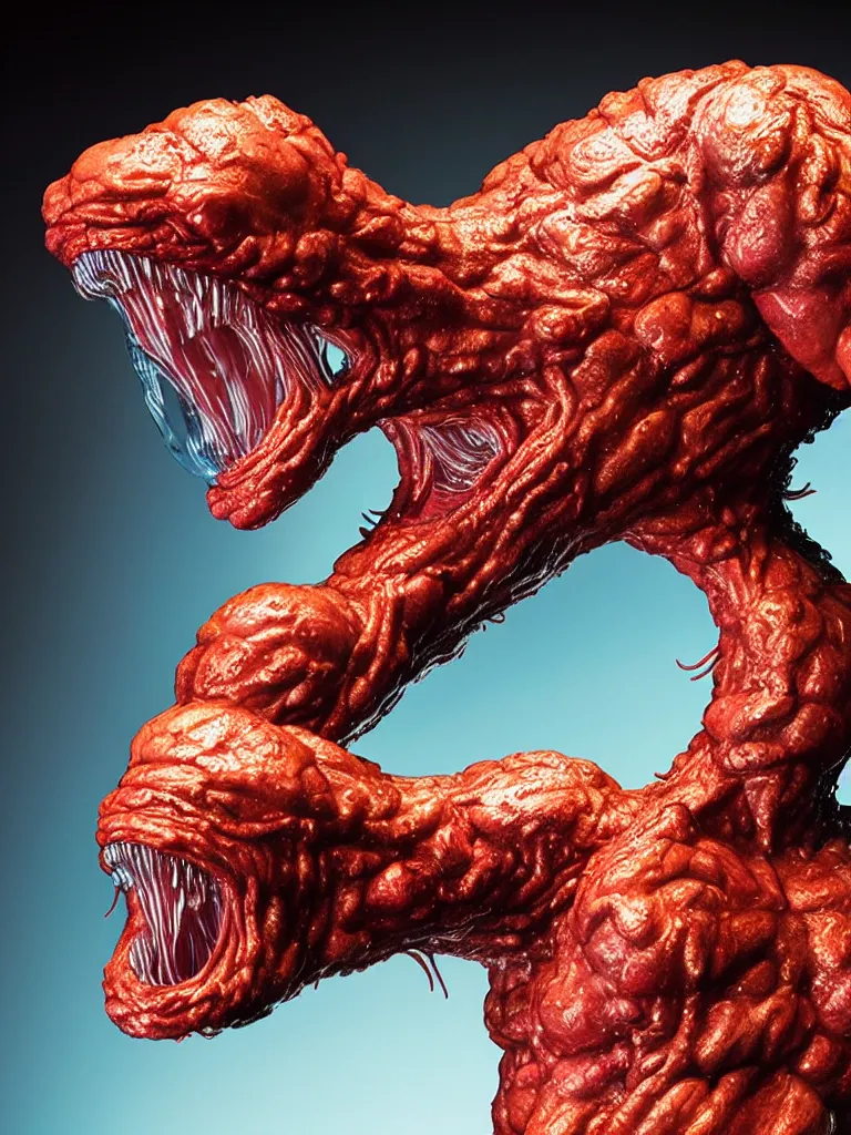 Image similar to hyperrealistic rendering, shiny wet fat cronenberg flesh monster smooth kaiju by art of skinner and richard corben and jeff easley, product photography, action figure, sofubi, studio lighting, colored gels, rimlight, backlight