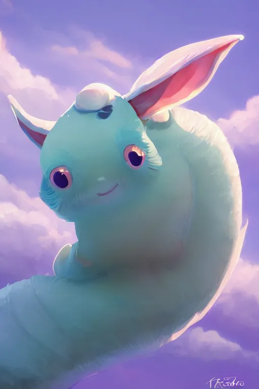 Image similar to a very cute sea slug rabbit close up, by rhads, makoto shinkai and lois van baarle, johannes voss, low angle fisheye view, sky whith plump white clouds, elegant, highly detailed, artstation, 8 k, unreal engine, hdr, concept art, volumetric lighting matte