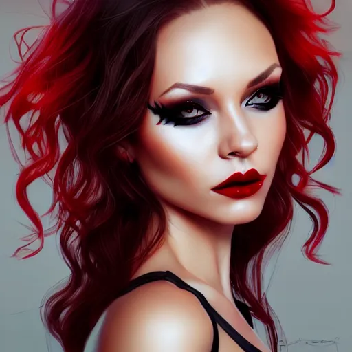 Prompt: a realistic illustration portrait of a beautiful aidrafox with curly black and red hair, black eyeliner, trending on artstation, hyper - realistic lighting, intricate, ross tran