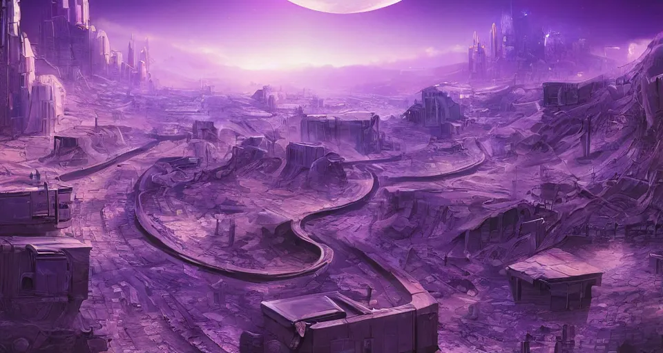 Image similar to Sci-fi wallpaper of an alley in a desert city, view from the top, purple color-theme, cinematic, science-fiction art wallpaper, stunning digital art