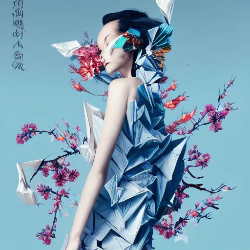 Image similar to 3 / 4 view of a beautiful girl wearing an origami dress, eye - level medium shot, fine floral ornaments in cloth and hair, hummingbirds, elegant, by eiko ishioka, givenchy, by peter mohrbacher, centered, fresh colors, origami, fashion, detailed illustration, vogue, japanese, reallusion character creator