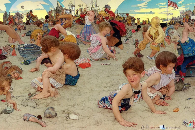 Image similar to kids playing at the beach, huge atomlc explosion in the background, wide angle lens, detailed, by norman rockwell, by mattias adolfsson, by alphonse mucha, oil on canvas,
