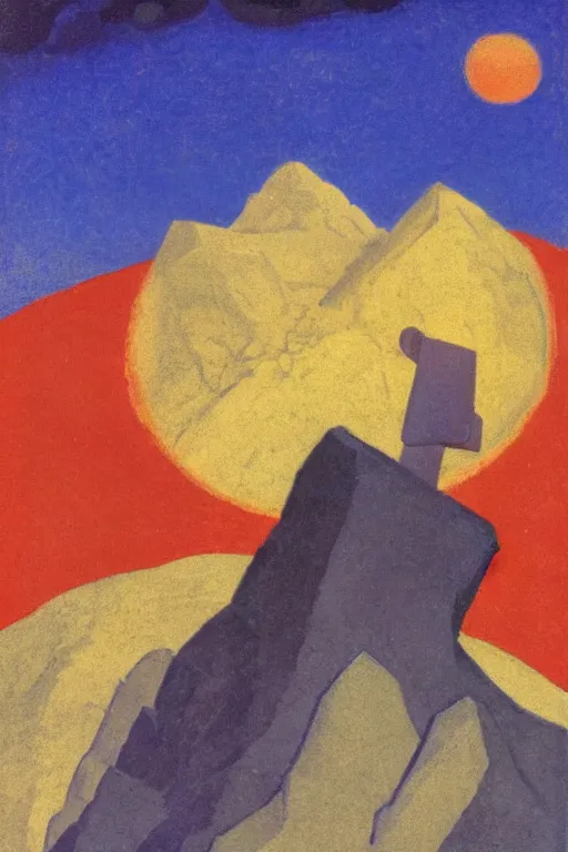 Image similar to thor holding the hammer, stay on mountain, marvel, artwork by nicholas roerich,