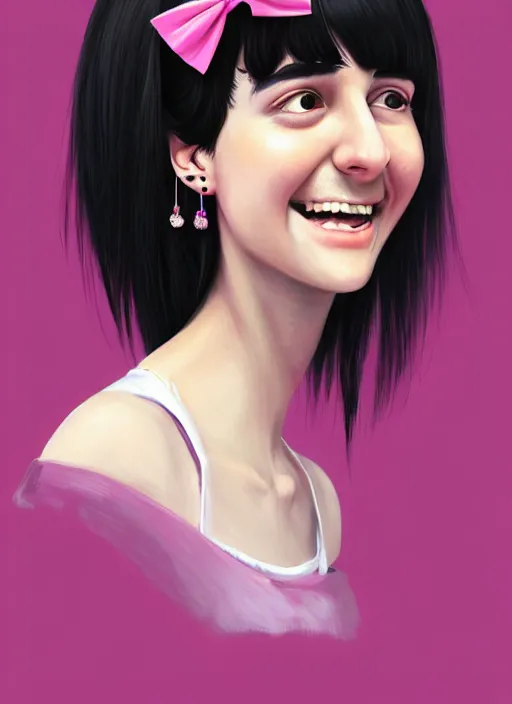 Image similar to portrait of high school girl, realistic, black hair, bangs, half updo hairstyle, pointy nose, skinny, smile, ugly, defined jawline, big chin, pink hair bow, earrings, intricate, elegant, glowing lights, highly detailed, digital painting, artstation, sharp focus, illustration, art by wlop, mars ravelo and greg rutkowski