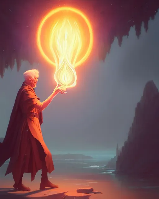 Image similar to highly detailed vfx portrait of an old mage casting a light spell, unreal engine, greg rutkowski, loish, rhads, beeple, makoto shinkai and lois van baarle, ilya kuvshinov, rossdraws, tom bagshaw, alphonse mucha, global illumination, detailed and intricate environment