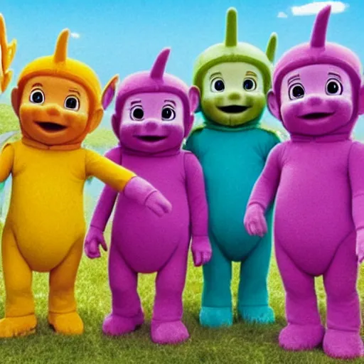 Image similar to teletubbies from the tv shaking hand with the slender man, as seen on tv