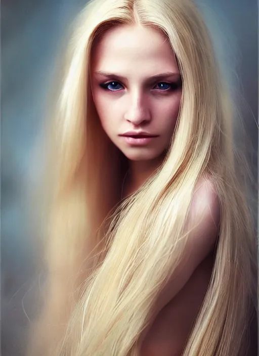 Image similar to a gorgeous girl with long blonde hair, photo by annie leibovitz, realistic, full body shot, wide angle, sharp focus, 8 k high definition, insanely detailed, intricate, elegant, art by stanley lau and artgerm, floating embers