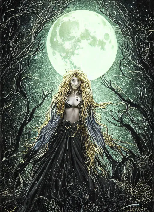 Image similar to glowing silver and golden elements, full close-up portrait, A beautiful dark witch in front of the full big moon, book cover, green forest, red white black colors, establishing shot, extremly high detail, foto realistic, cinematic lighting, pen and ink, intricate line drawings, by Yoshitaka Amano, Ruan Jia, Kentaro Miura, Artgerm, post processed, concept art, artstation, matte painting, style by eddie, raphael lacoste, alex ross