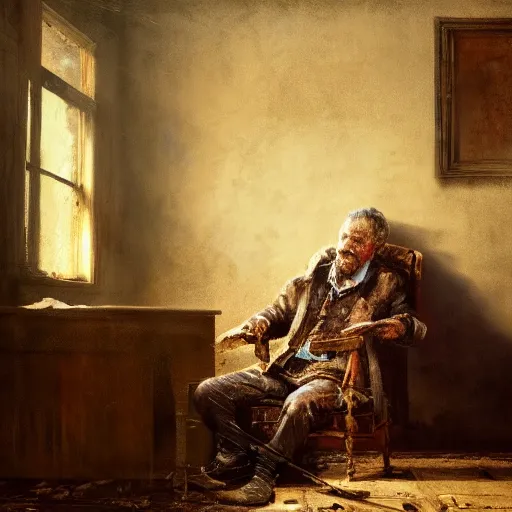 Prompt: a disheveled old disbarred lawyer boarded up in his messy house, isolated alone on a typewriter typing out paranoid rants about a gangster computer god, detailed artstation marc simonetti andrei riabovitchev rembrandt oil on canvas shimmer