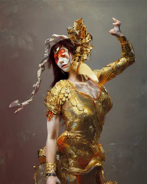Prompt: holy goddess of circus and performance arts, golden accents by ruan jia