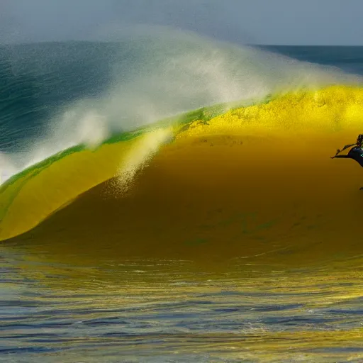 Prompt: riding a yellow wave