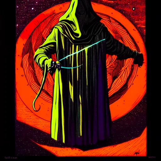 Image similar to cloaked ancient alchemist wizard casting a spell, high details, lineart, by vincent di fate, inking, 3 color screen print, masterpiece, trending on artstation, sharp, high contrast, hyper - detailed, hd, 4 k, 8 k