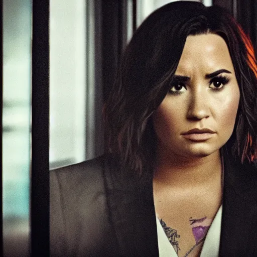 Image similar to close-up of Demi Lovato as a detective in a movie directed by Christopher Nolan, movie still frame, promotional image, imax 70 mm footage