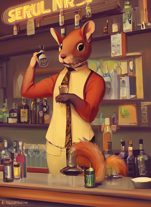 Prompt: squirrel anthro as a dapper bartender with a big, fluffy tail, retro futurism, art deco, detailed, painterly digital art by WLOP and Cory Loftis, 🐿🍸🍋, furaffinity, trending on artstation