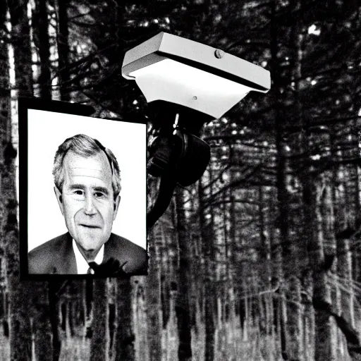 Prompt: George Bush on a cctv camera, late at night in the woods, black and white, blurry footage