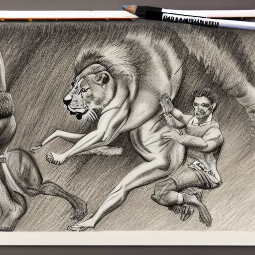 Image similar to hero wrestling against a lion in the middle of an arena, crowd of people sitting down in the stands, pencil art, added detail, high definiton, colored, aerial view