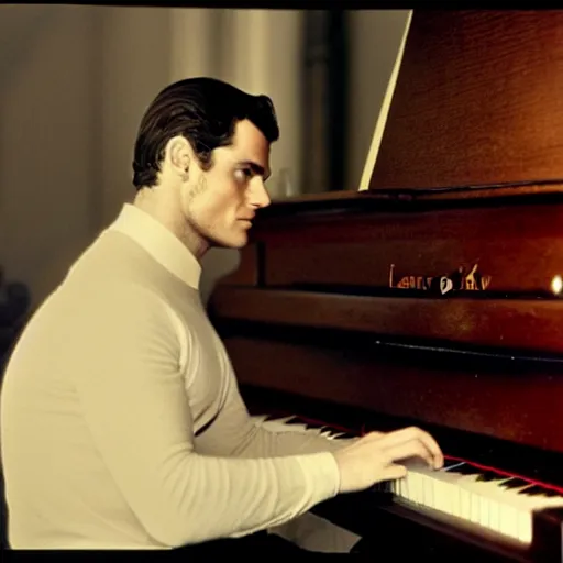 Prompt: henry cavill playing piano, autochrome