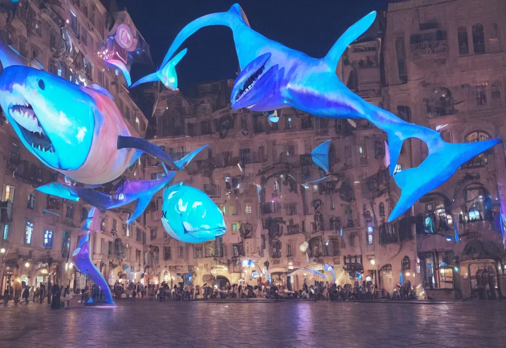 Image similar to 3 d 🦈 popping out of curved screen, town square, volumetric lighting, bokeh, creterion collection, shot on 7 0 mm, instax