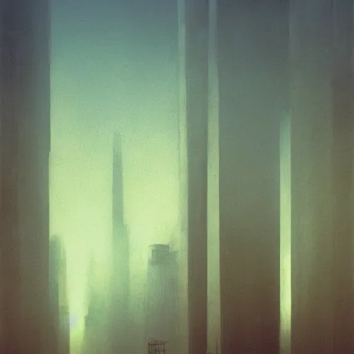 Prompt: arm reaching out of thick fog, tall buildings in background, stacked buildings, rounded architecture, smooth, sophisticated, zdzislaw beksinski, architecture of frank lloyd wright, zaha hadid, norman foster