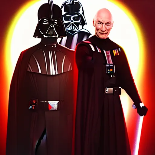 Image similar to a hyper real comic book style portait painting of captain picard and darth vader with the light sword, unreal 5, hyperrealistic, octane render, cosplay, rpg portrait, dynamic lighting