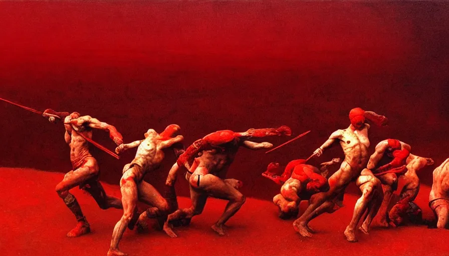 Image similar to only with red, bloody gladiator battle in a crowded roman amphitheatre, crowd cheering, in the style of beksinski and edward hopper and rodcenko and yue minjun and cory loftis, intricate and epic composition, red by caravaggio, highly detailed, masterpiece, red light, artstation, art nouveau