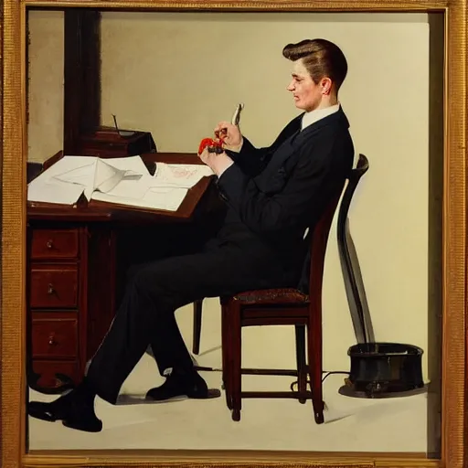 Image similar to man in desk with coffee and black suit by leyendecker and dean cornwell, 5 feet distance from the camera, 6 0 ´ s furniture