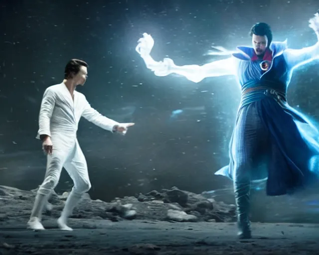 Prompt: still of moon knight vs dr. strange, in the movie avengers, photorealistic, real life, hdr soft focus, long exposure