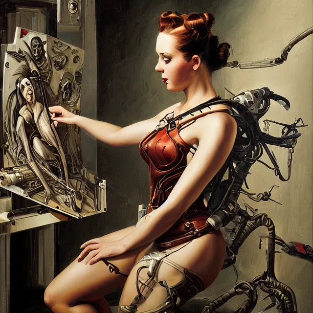 Prompt: biomechanoid artist painting a self - portrait on a canvas. intricate, highly detailed, digital matte painting in the style of gil elvgren and in the style of h. r. giger. irony, recursion, inspiration.