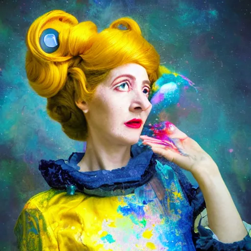 Image similar to A painting. A rip in spacetime. Did this device in her hand open a portal to another dimension or reality?! deep yellow by Rachel Maclean, by Carl Holsoe Sigma 85mm f/1.4