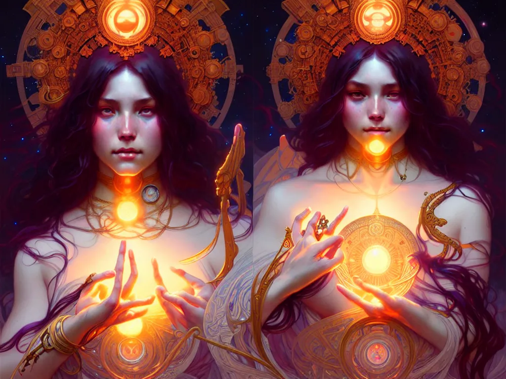 Image similar to ultra realistic, cosmic goddess, intricate details, eerie, awakening, artstation, highly detailed, 8k, art by artgerm and greg rutkowski and alphonse mucha