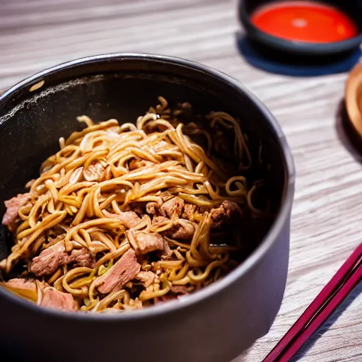Prompt: a pot full of pork yakisoba inside a chinese restaurant, 4K photo, zoom, award winning, background blur