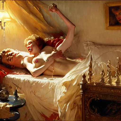 Image similar to willem dafoe is in his bed, nervous and terrified, because betty white from hell is attacking him. highly detailed painting by gaston bussiere, j. c. leyendecker, greg rutkowski, craig mullins 8 k