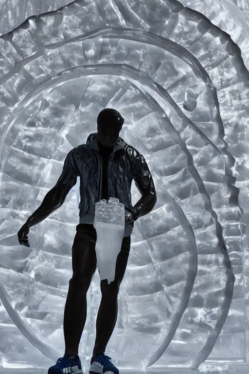 Prompt: ice sculpture of man in Adidas jacket sportswear, intricate sculpture, chiseled muscles, godlike, museum photo